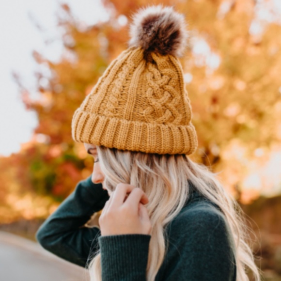 Mustard Knit Pom Pom Beanie - Picture 4 of 4